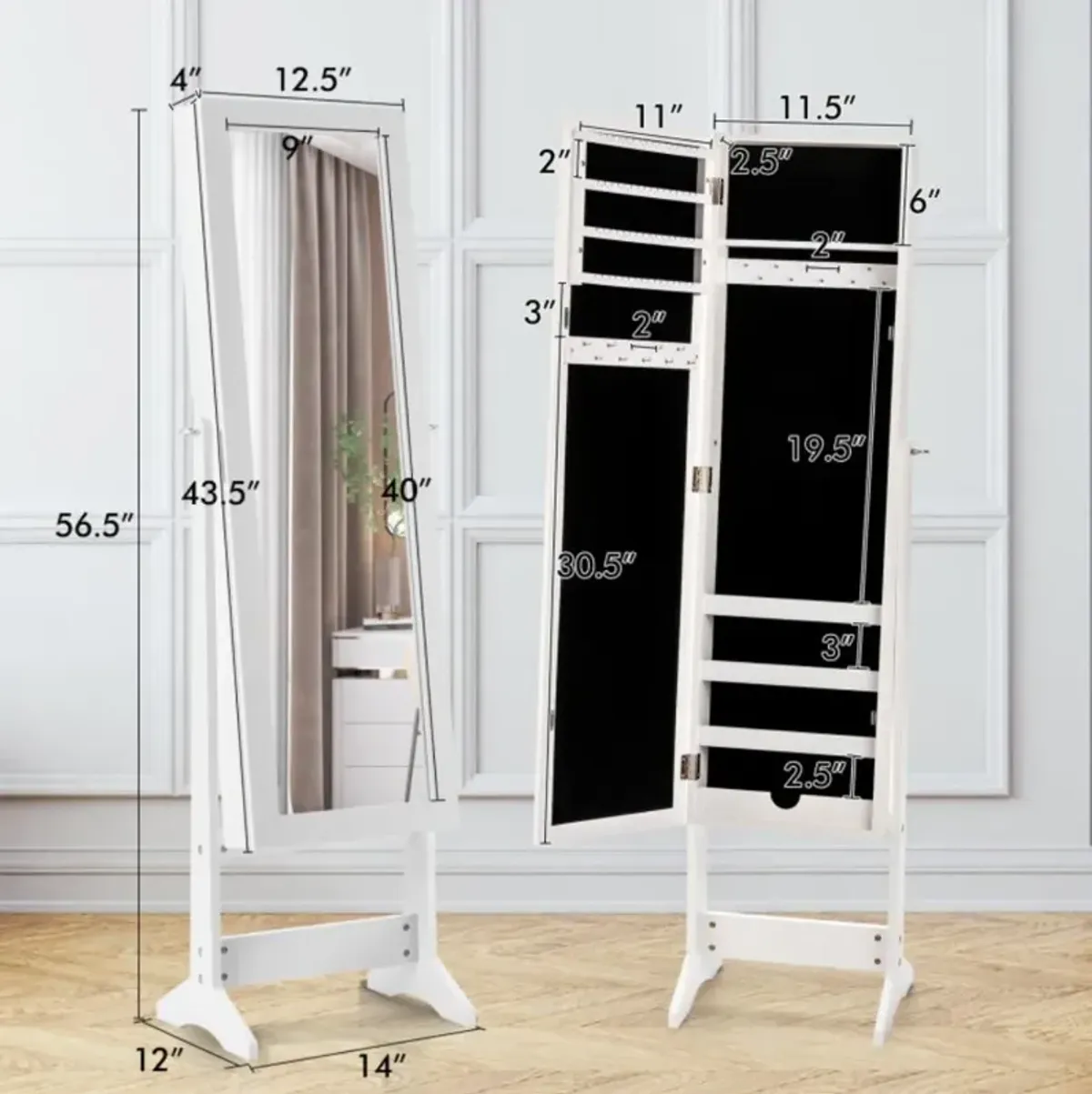 Hivvago Mirrored Standing Jewelry Cabinet Storage Box