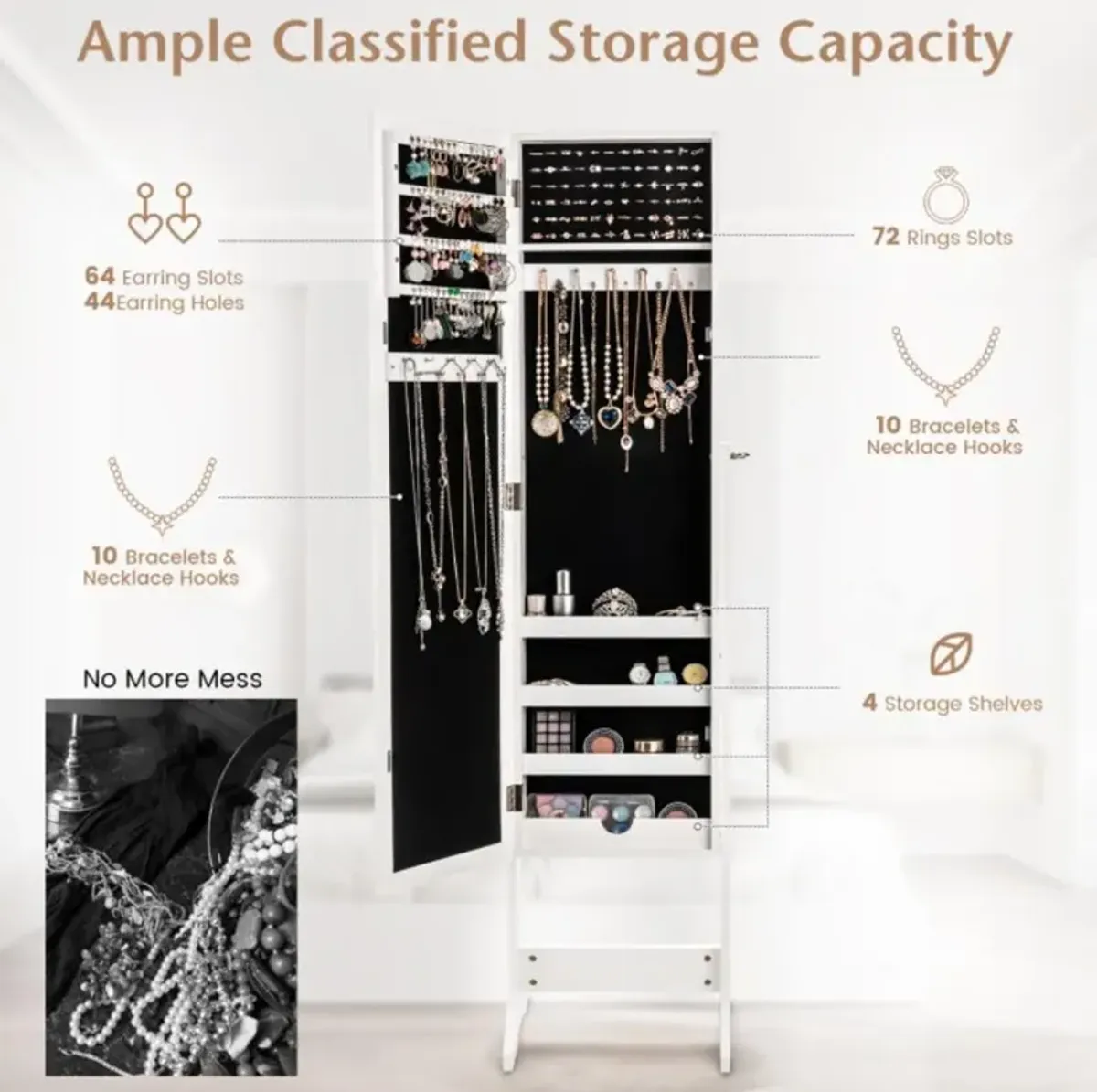 Hivvago Mirrored Standing Jewelry Cabinet Storage Box