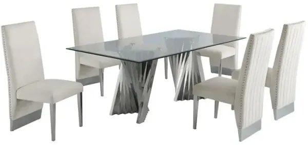Classic 7pc Dining Set w/Pleated r Side Chair, Glass Table w/ Silver Spiral Base, Beige