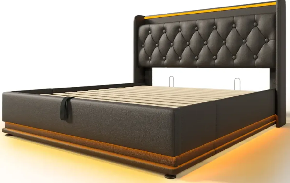 Merax PU Upholstered Bed with Storage and LED