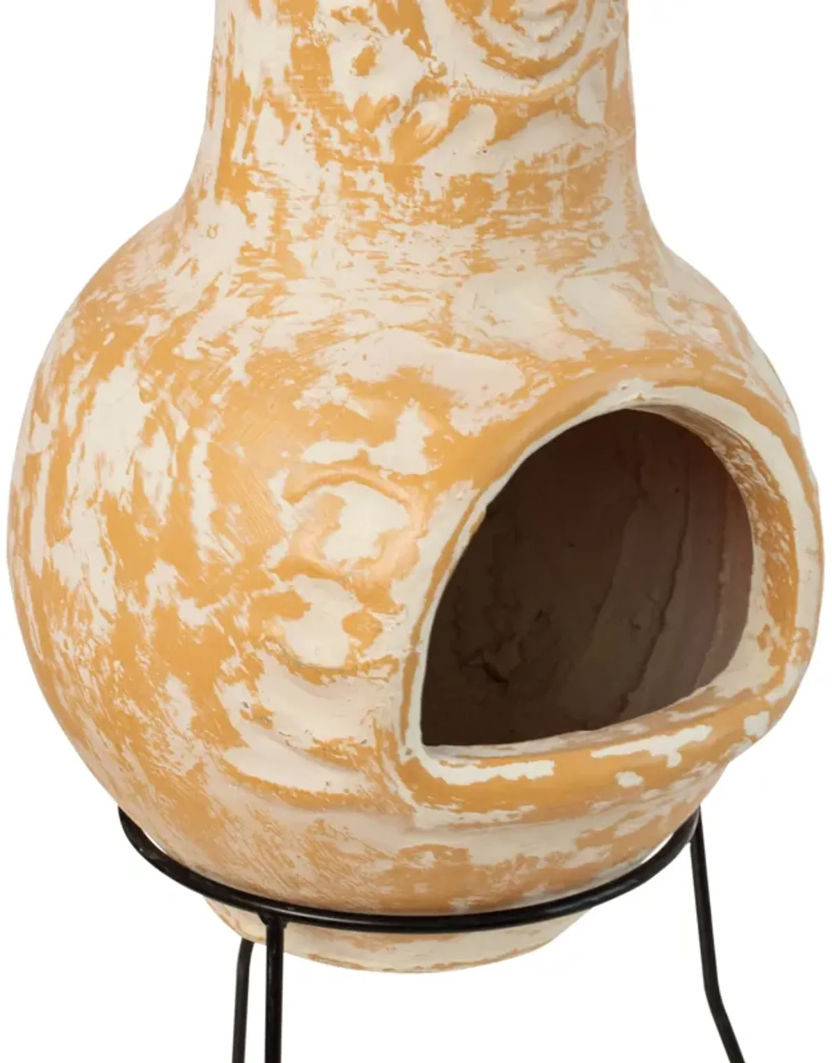 Outdoor Clay Chiminea Fireplace Sun Design Wood Burning Fire Pit with Sturdy Metal Stand, Barbecue, Cocktail Party, Cozy Nights Fire Pit, Stone Gray