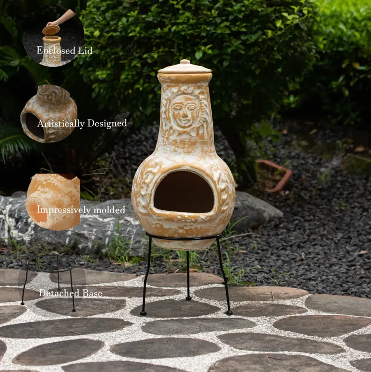 Outdoor Clay Chiminea Fireplace Sun Design Wood Burning Fire Pit with Sturdy Metal Stand, Barbecue, Cocktail Party, Cozy Nights Fire Pit, Stone Gray