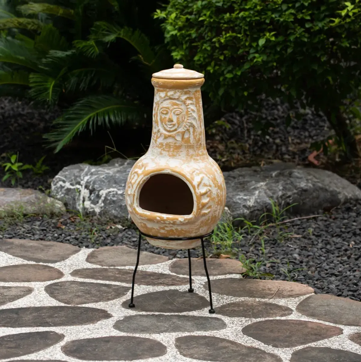 Outdoor Clay Chiminea Fireplace Sun Design Wood Burning Fire Pit with Sturdy Metal Stand, Barbecue, Cocktail Party, Cozy Nights Fire Pit, Stone Gray