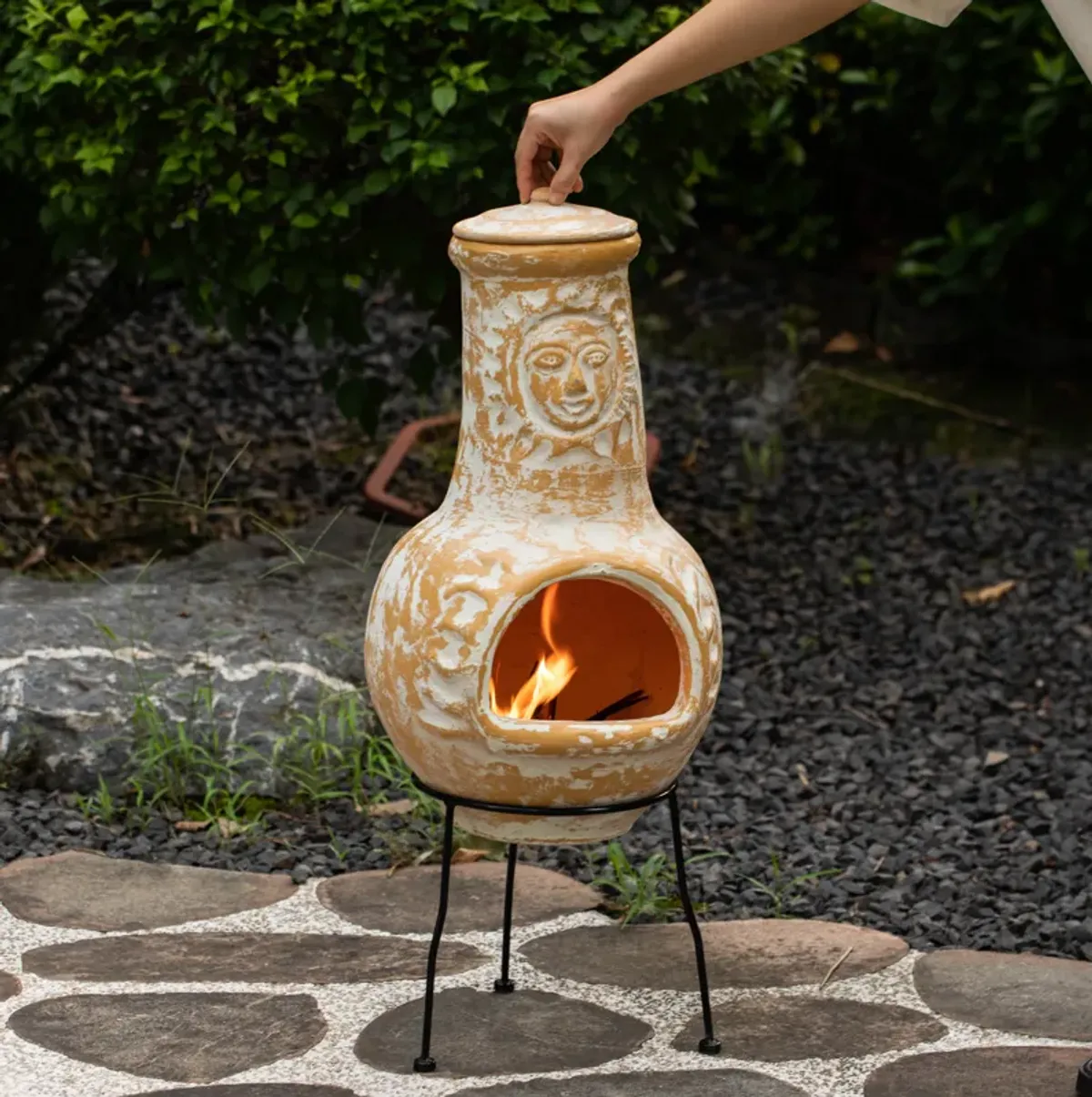 Outdoor Clay Chiminea Fireplace Sun Design Wood Burning Fire Pit with Sturdy Metal Stand, Barbecue, Cocktail Party, Cozy Nights Fire Pit, Stone Gray