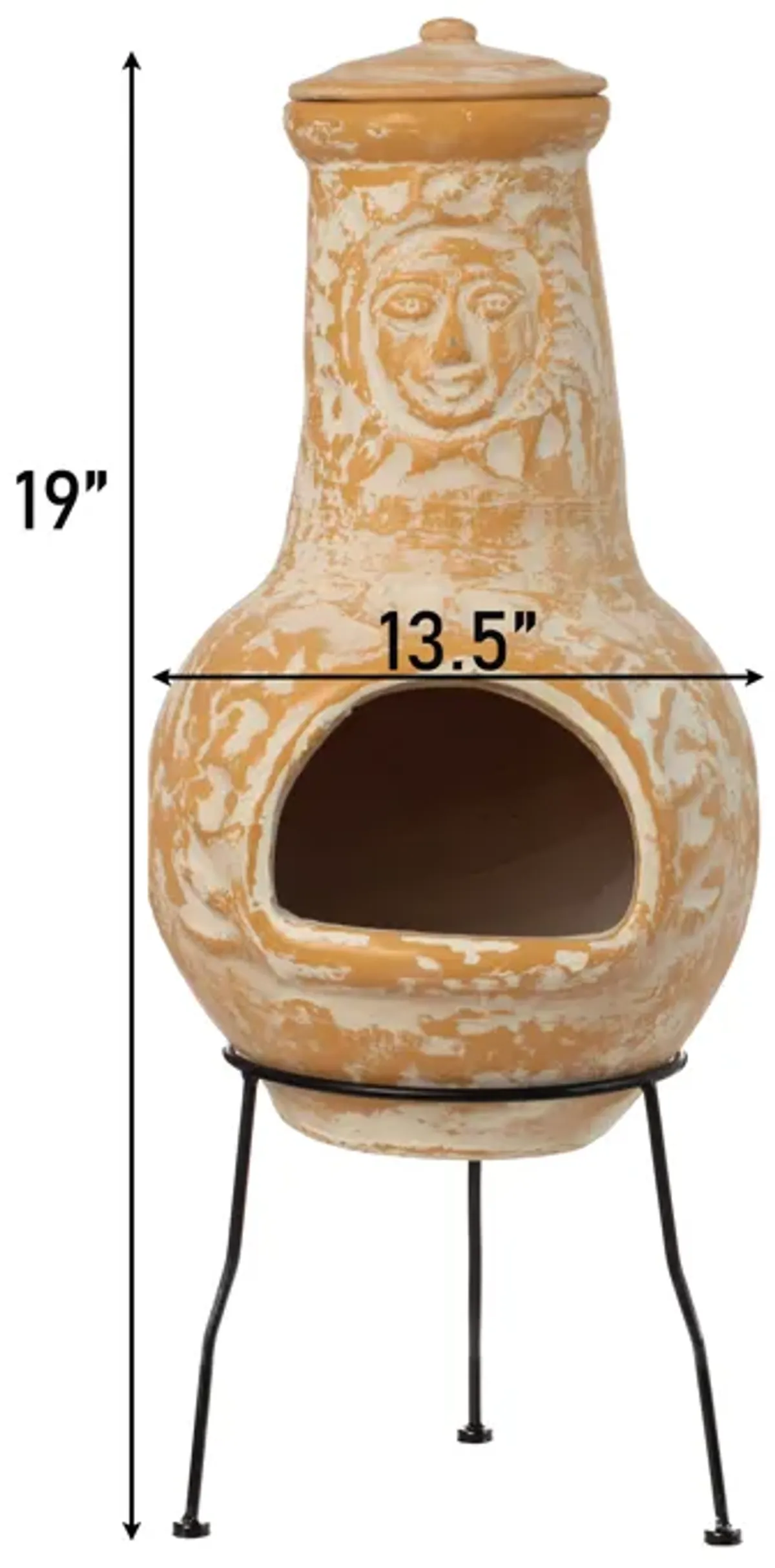 Outdoor Clay Chiminea Fireplace Sun Design Wood Burning Fire Pit with Sturdy Metal Stand, Barbecue, Cocktail Party, Cozy Nights Fire Pit, Stone Gray