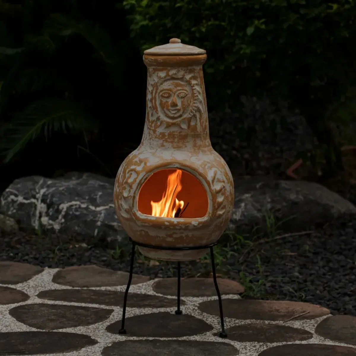 Outdoor Clay Chiminea Fireplace Sun Design Wood Burning Fire Pit with Sturdy Metal Stand, Barbecue, Cocktail Party, Cozy Nights Fire Pit, Stone Gray