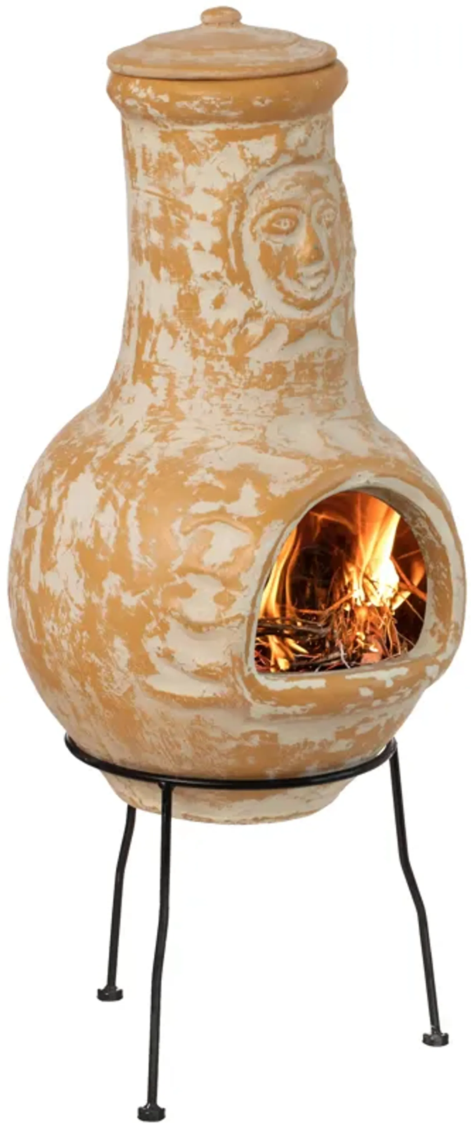 Outdoor Clay Chiminea Fireplace Sun Design Wood Burning Fire Pit with Sturdy Metal Stand, Barbecue, Cocktail Party, Cozy Nights Fire Pit, Stone Gray