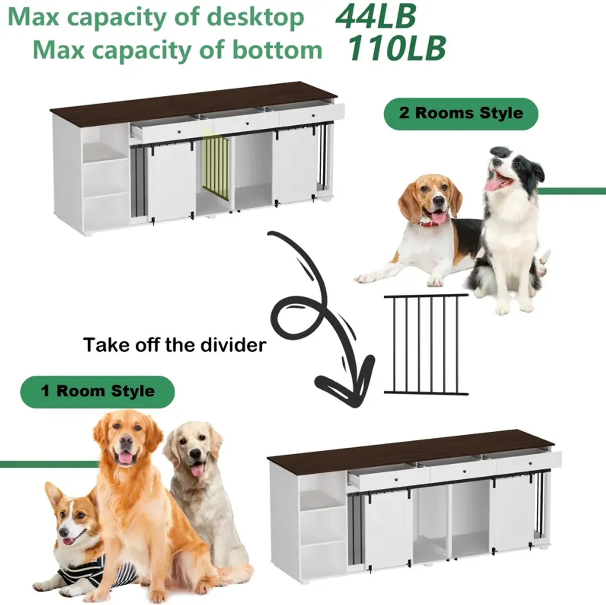 Large Dog Crate Furniture with 3 Drawers, Wooden Double Dog Crate Kennel Furniture with Sliding Door, Storage Shelves