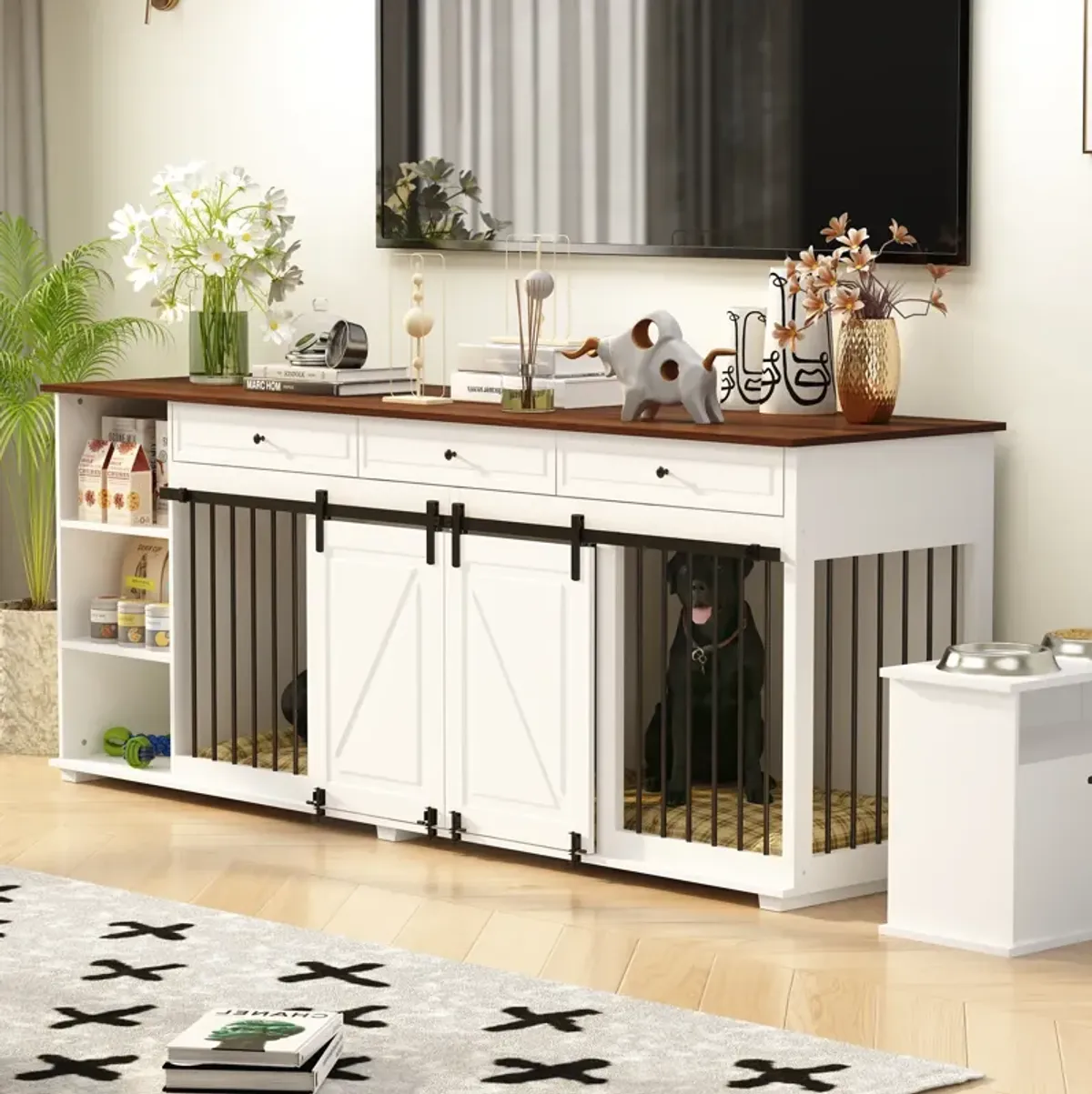 Large Dog Crate Furniture with 3 Drawers, Wooden Double Dog Crate Kennel Furniture with Sliding Door, Storage Shelves