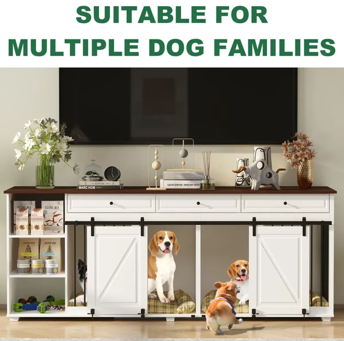 Large Dog Crate Furniture with 3 Drawers, Wooden Double Dog Crate Kennel Furniture with Sliding Door, Storage Shelves