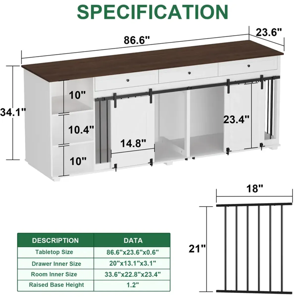 Large Dog Crate Furniture with 3 Drawers, Wooden Double Dog Crate Kennel Furniture with Sliding Door, Storage Shelves