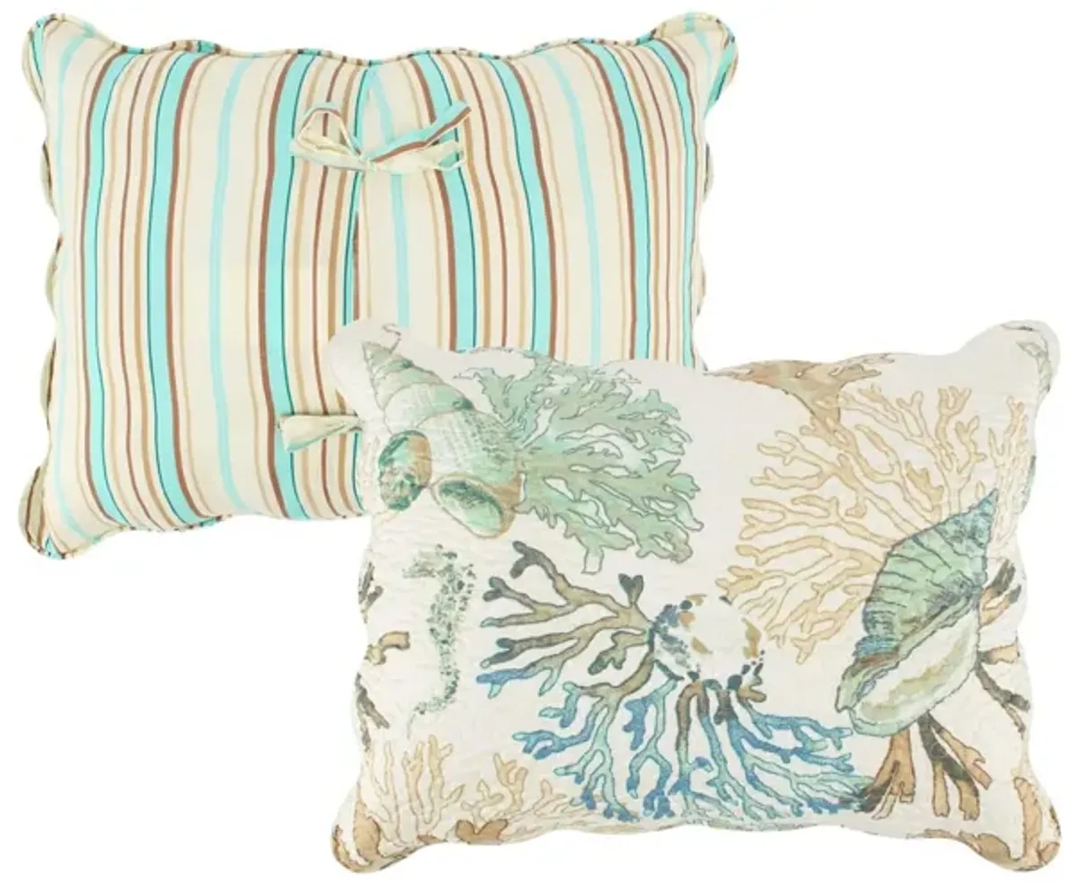 Wade 2pc Twin Quilt and Pillow Sham Set, Cotton Fill, Coastal Seashell Jade - Benzara