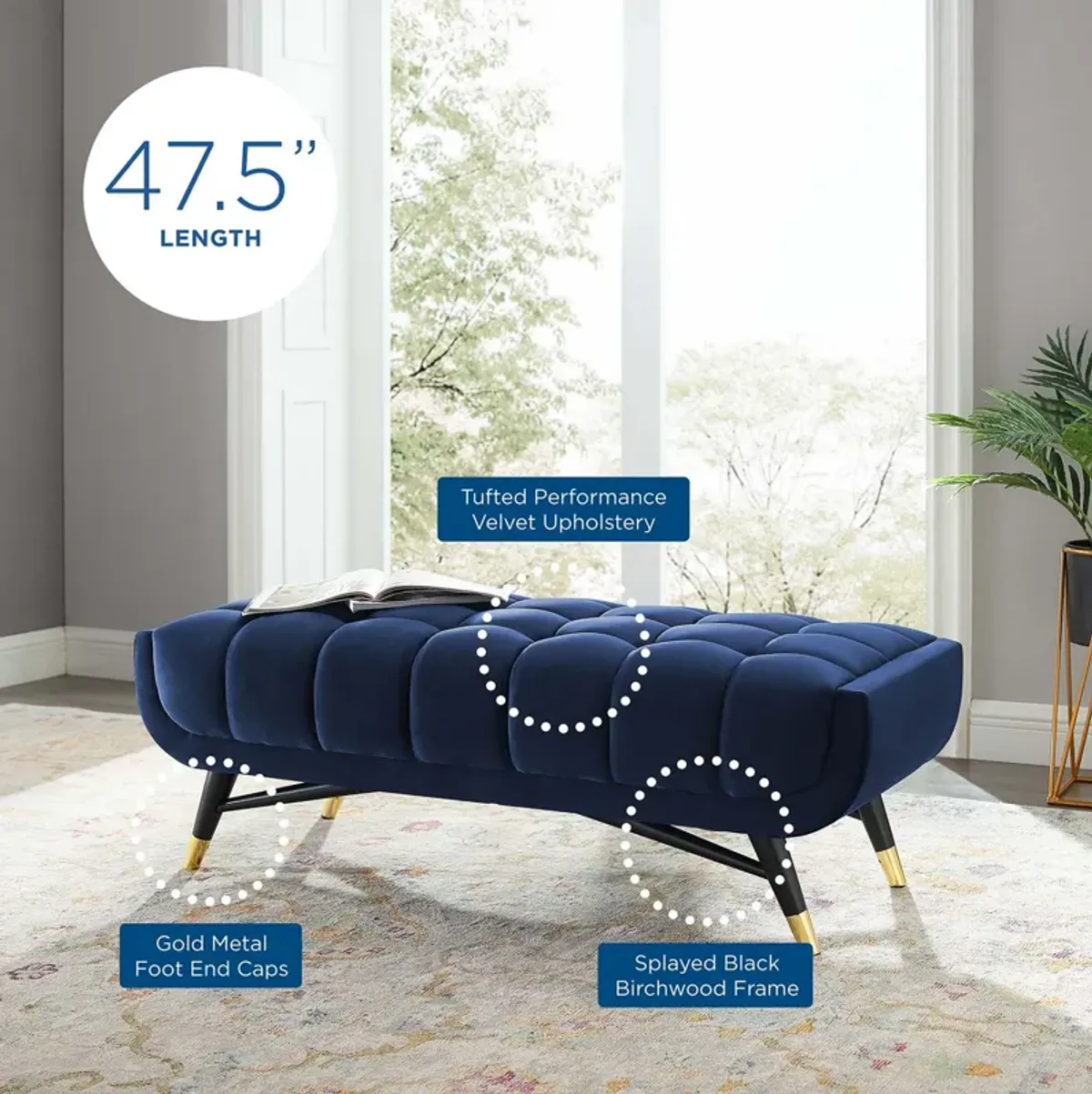 Adept 47.5" Performance Velvet Bench-Benzara