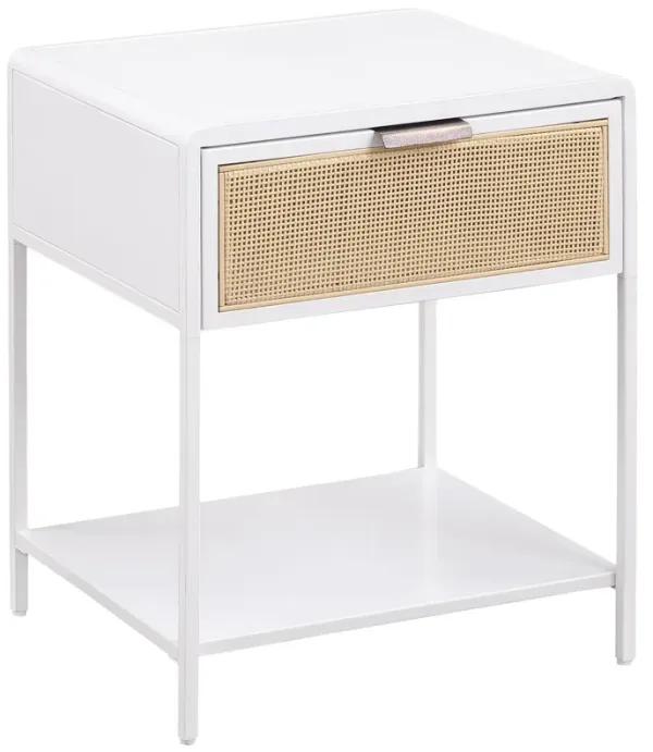 Lanie Bedside Table with Drawer and Open Shelf, PE Cane, White Metal - Benzara