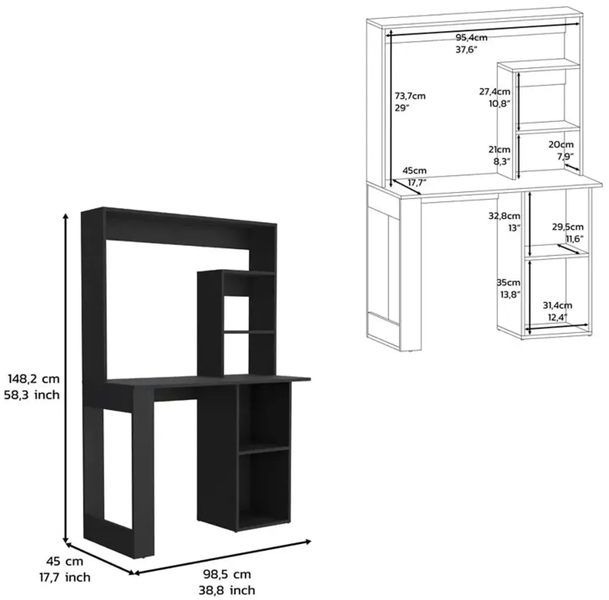 Ethel Writing Computer Desk with Storage Shelves and Hutch, Black