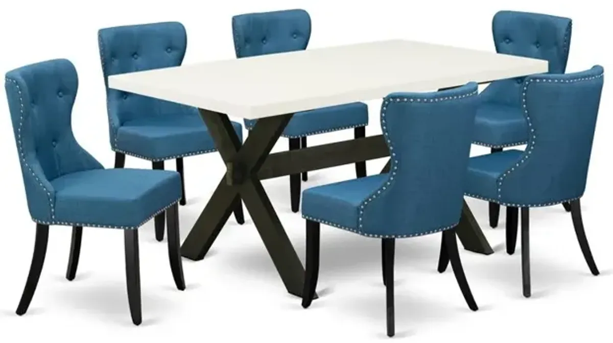 East West Furniture X626SI121-7 7-Pc Dining Table Set- 6 Parson Chairs with Blue Linen Fabric Seat and Button Tufted Chair Back - Rectangular Table Top & Wooden Cross Legs - Linen White and Black Fini
