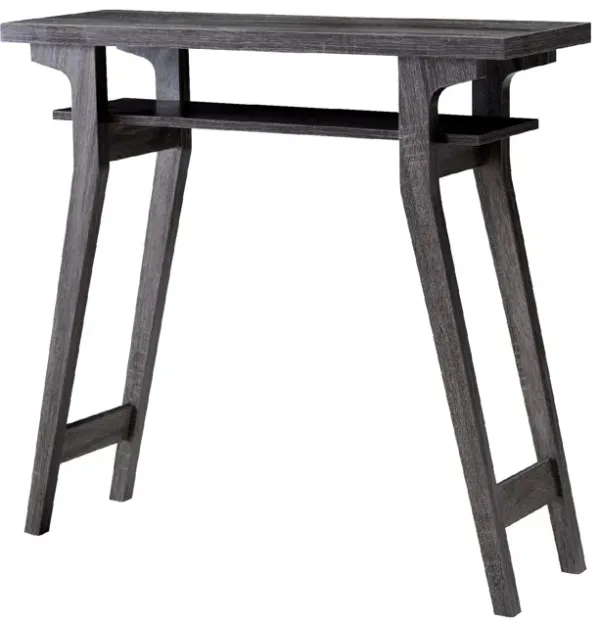 2 Tier Wooden Console Table with Slanted Leg Support, Distressed Gray-Benzara