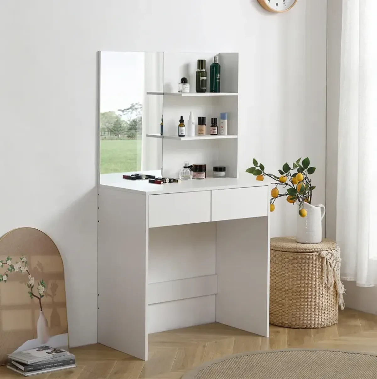 Vanity Desk With Mirror, Dressing Table With 2 Drawers, White Color