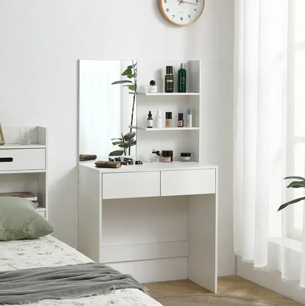 Vanity Desk With Mirror, Dressing Table With 2 Drawers, White Color