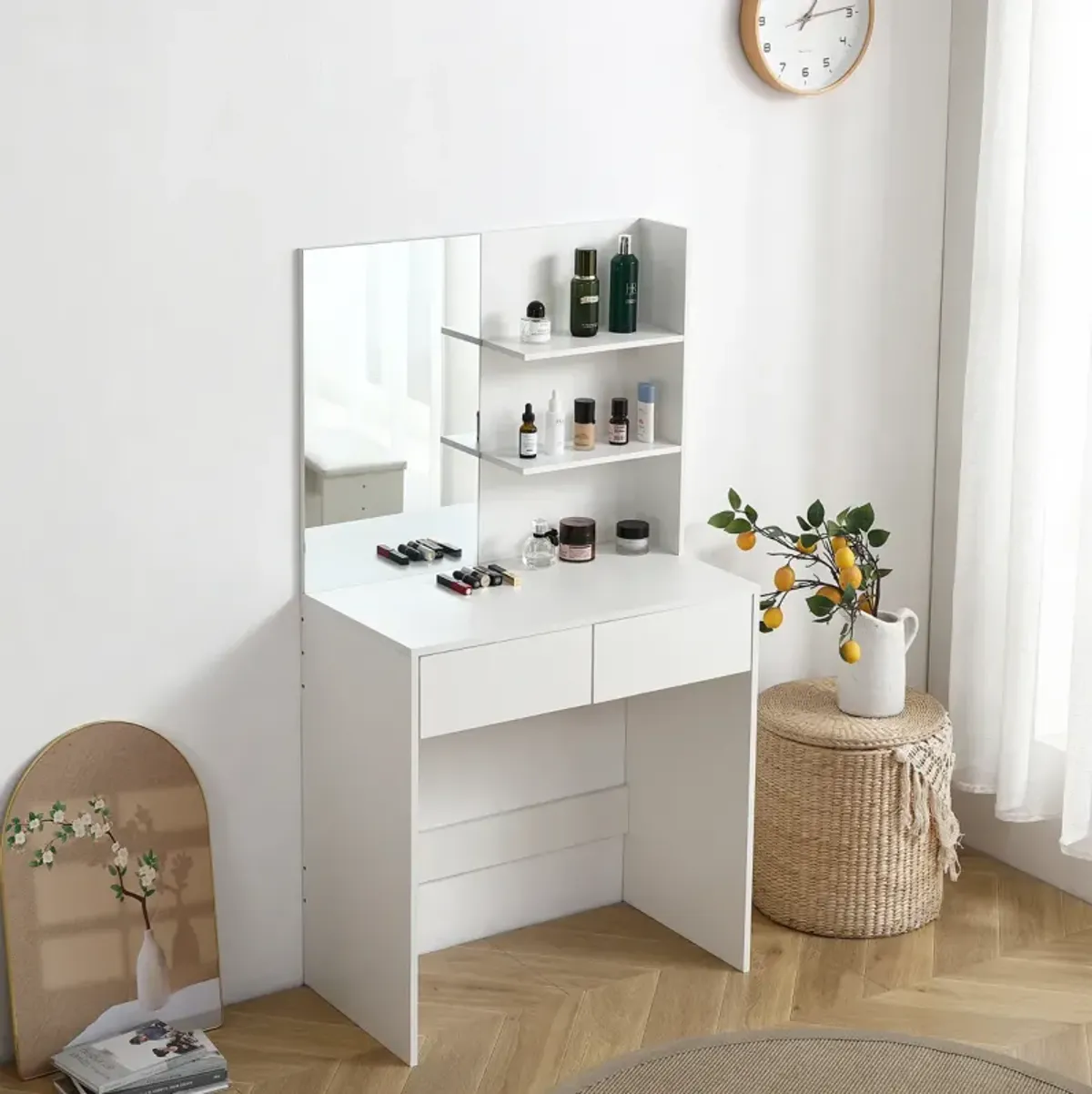 Vanity Desk With Mirror, Dressing Table With 2 Drawers, White Color