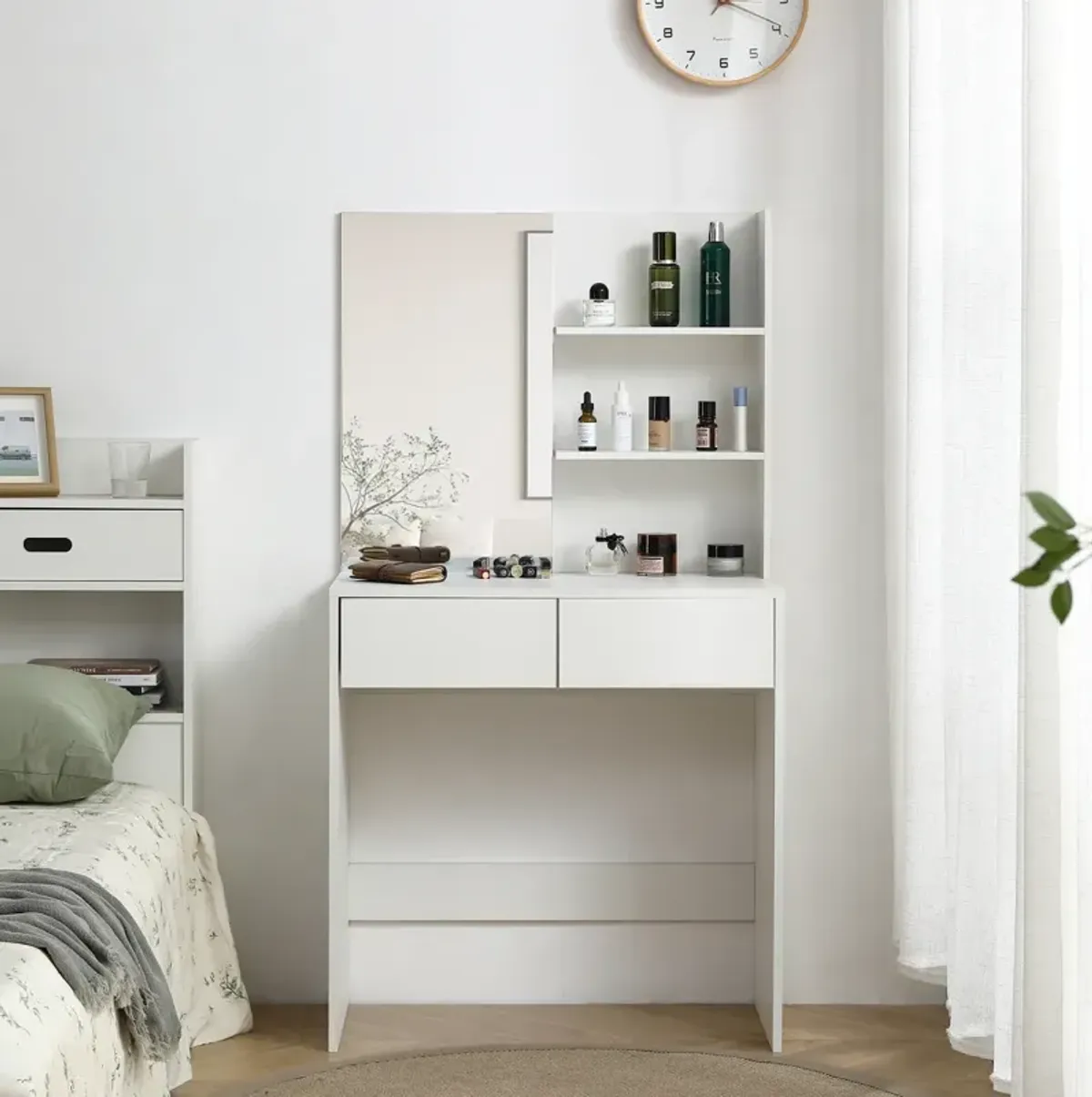 Vanity Desk With Mirror, Dressing Table With 2 Drawers, White Color