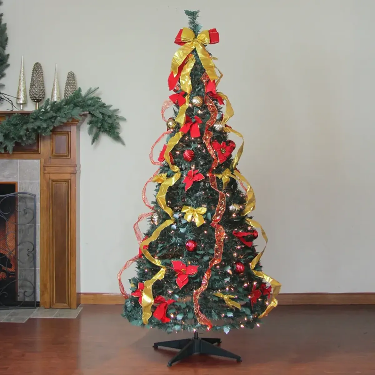 6' Pre-Lit Gold and Red Pre-Decorated Pop-Up Artificial Christmas Tree  Clear Lights