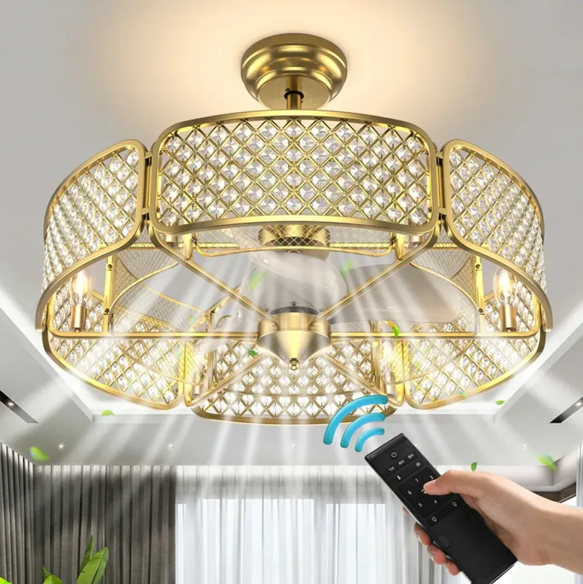 30 Inch Caged Ceiling Fan With Light Crystal Lampshade 6 Light Bases-Golden