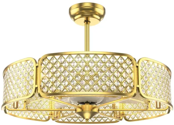 30 Inch Caged Ceiling Fan With Light Crystal Lampshade 6 Light Bases-Golden
