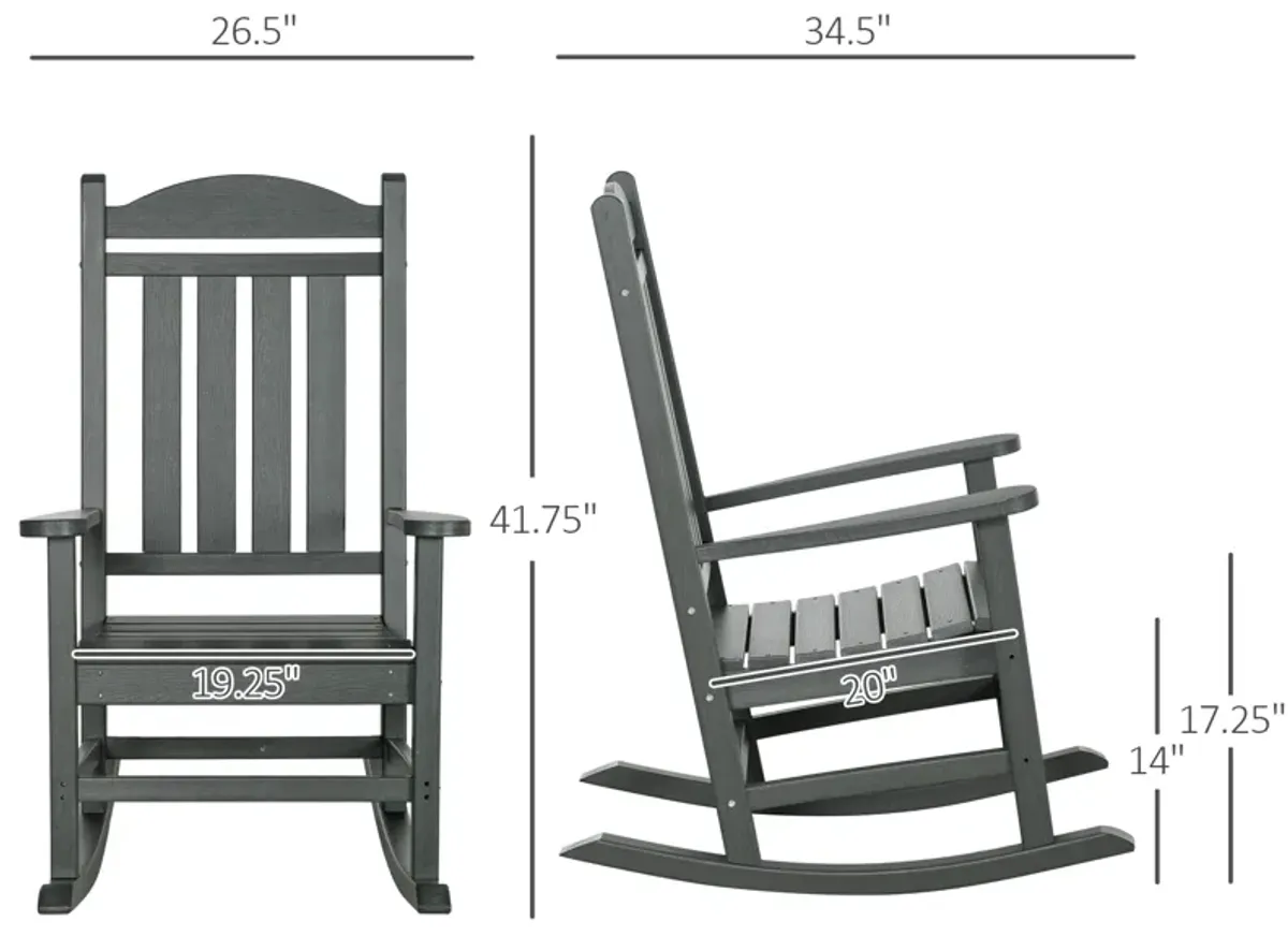 Outsunny Outdoor Rocking Chair, All Weather-Resistant HDPE Rocking Patio Chairs with Rustic High Back, Armrests, Oversized Seat and Slatted Backrest, 350lbs Weight Capacity, Dark Gray