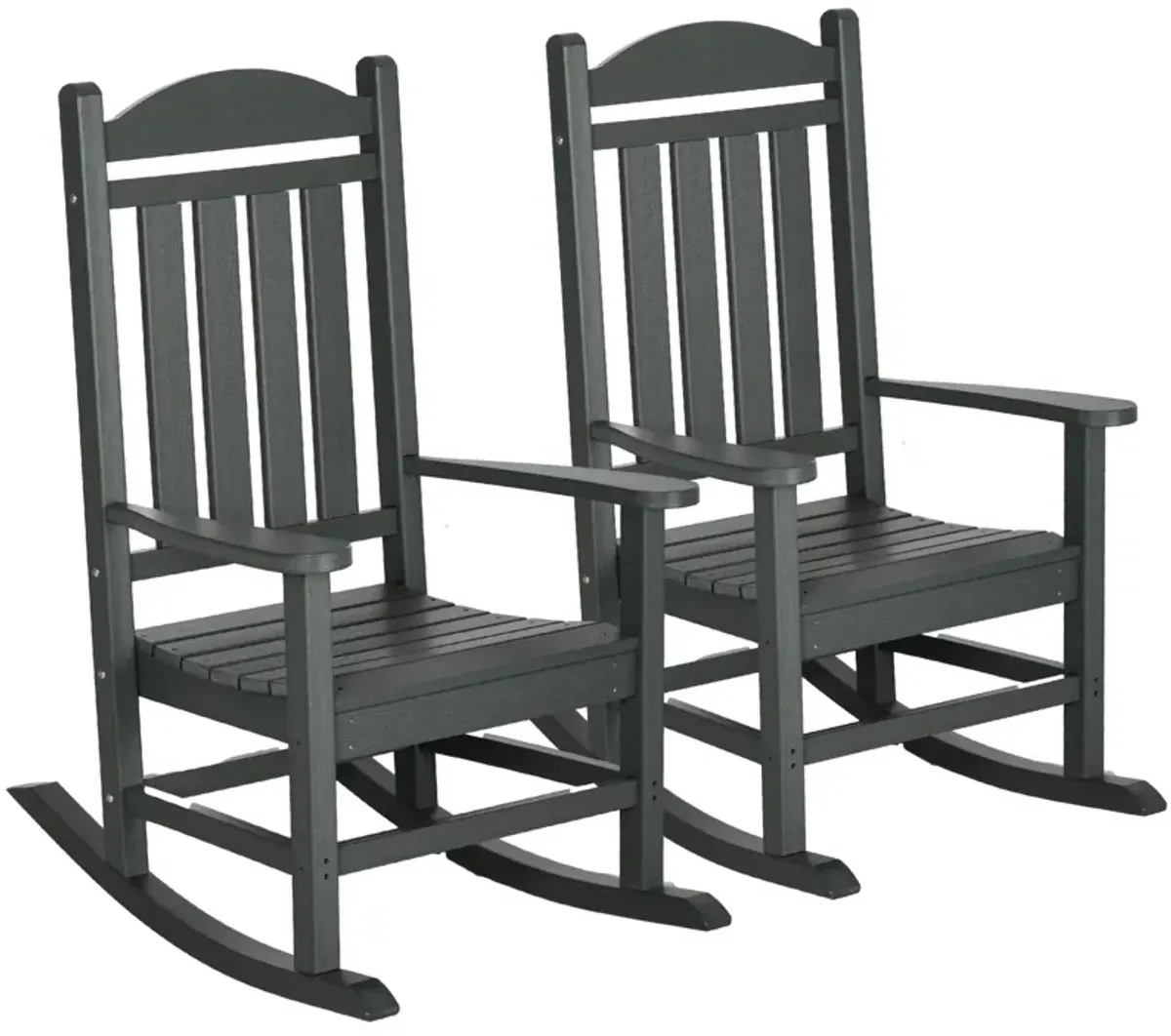 Outsunny Outdoor Rocking Chair, All Weather-Resistant HDPE Rocking Patio Chairs with Rustic High Back, Armrests, Oversized Seat and Slatted Backrest, 350lbs Weight Capacity, Dark Gray