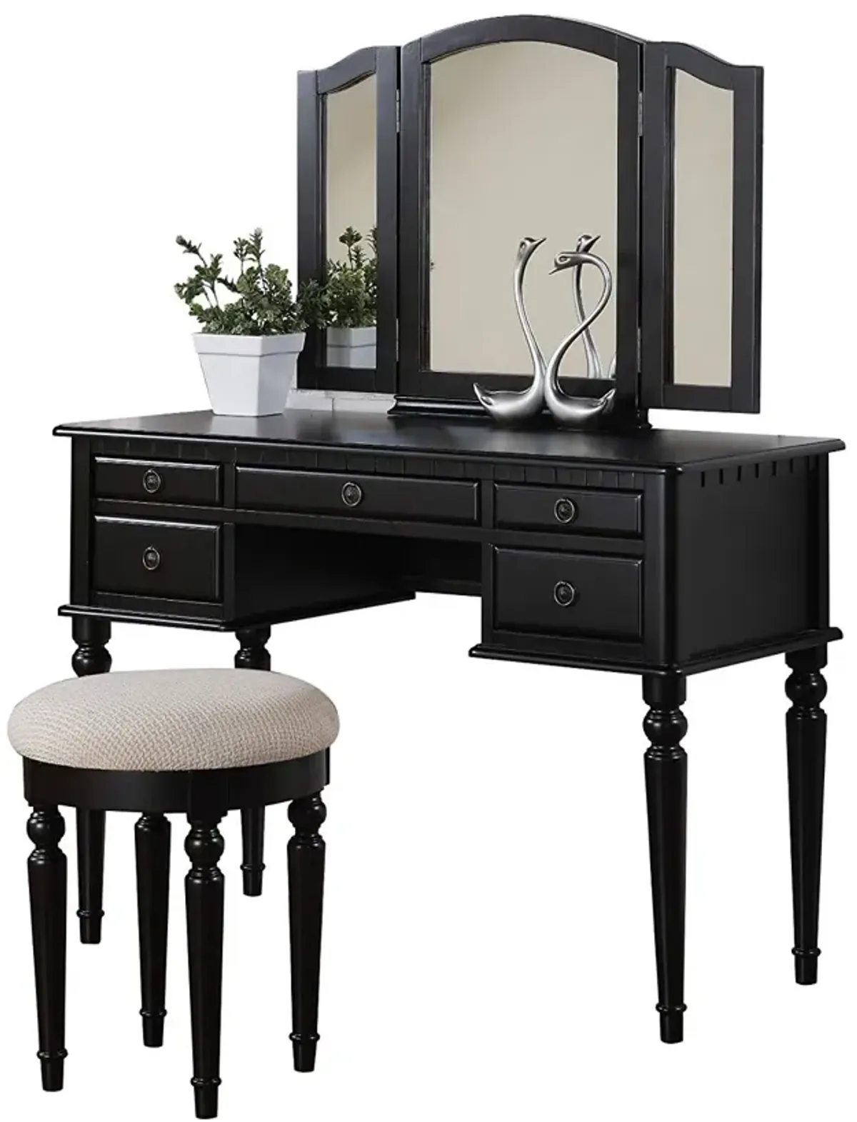 Commodious Vanity Set Featuring Stool And Mirror Black-Benzara