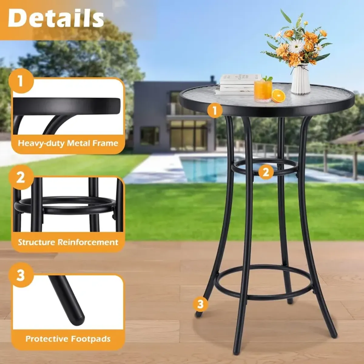 Bar Height Bistro Glass Table, Outdoor Bar Height Glass Table, 2-Tier High Top Outdoor Table for Backyard Pool, Black