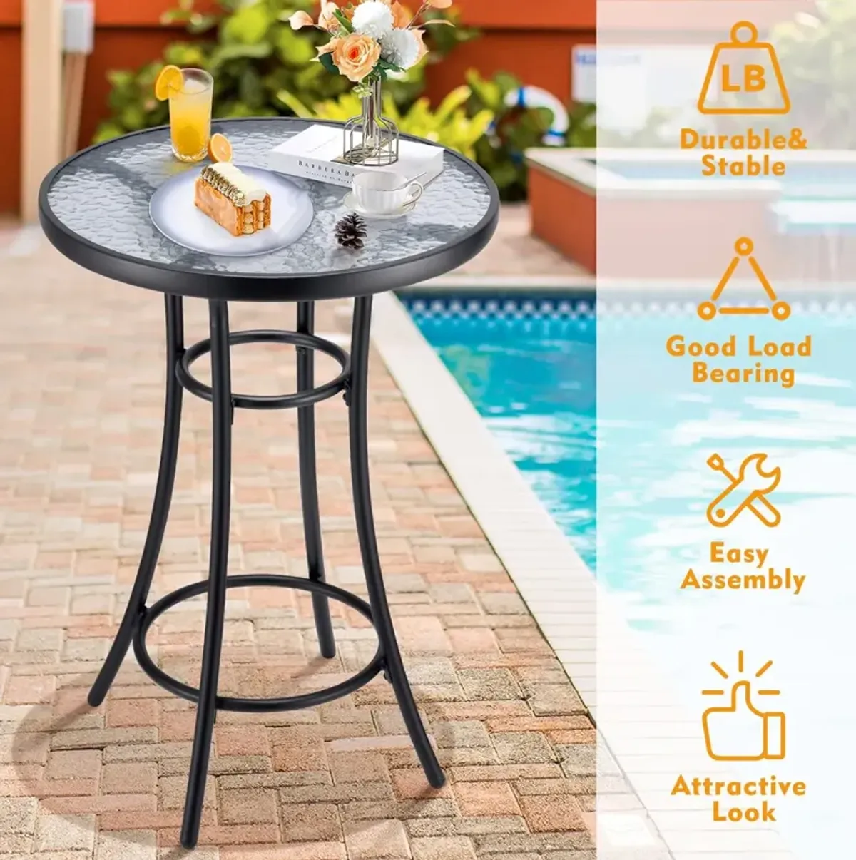 Bar Height Bistro Glass Table, Outdoor Bar Height Glass Table, 2-Tier High Top Outdoor Table for Backyard Pool, Black