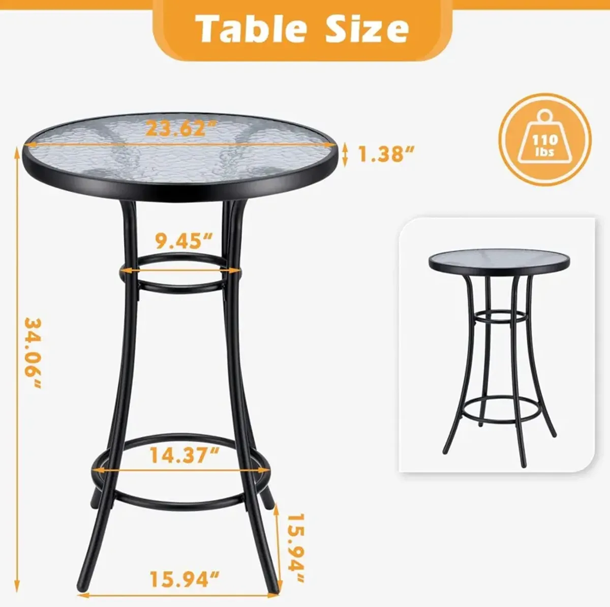 Bar Height Bistro Glass Table, Outdoor Bar Height Glass Table, 2-Tier High Top Outdoor Table for Backyard Pool, Black