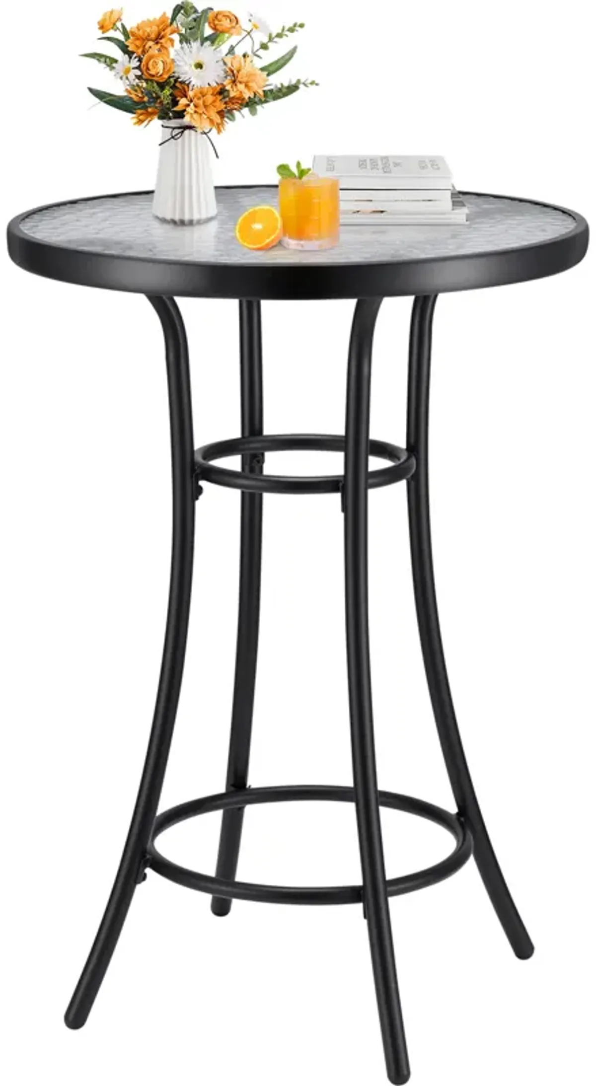 Bar Height Bistro Glass Table, Outdoor Bar Height Glass Table, 2-Tier High Top Outdoor Table for Backyard Pool, Black