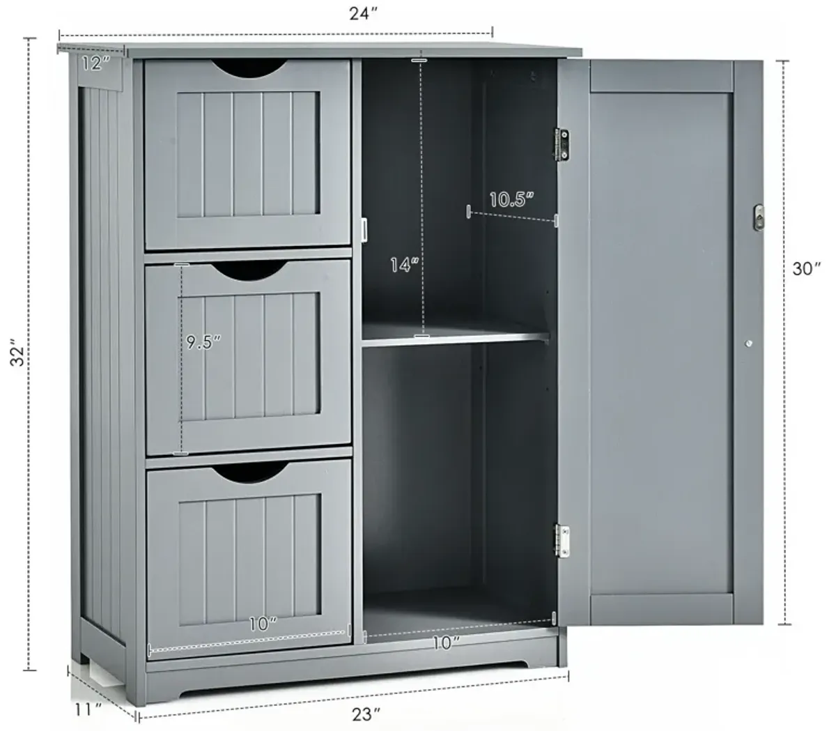 Bathroom Floor Cabinet Side Storage Cabinet with 3 Drawers and 1 Cupboard