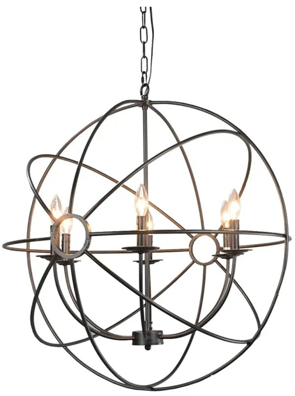 6 Light Fixture Orb Shape Metal Frame Chandelier, Black - Benzara