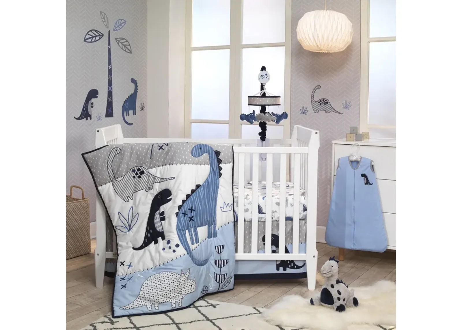 Lambs & Ivy Baby Dino Blue/White Dinosaur Nursery 6-Piece Crib Bedding Set