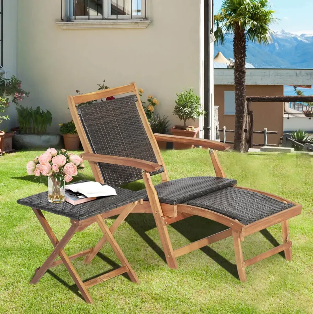 2 Pieces Patio Rattan Folding Lounge Chair with Acacia Wood Table