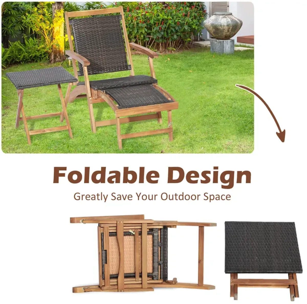 2 Pieces Patio Rattan Folding Lounge Chair with Acacia Wood Table