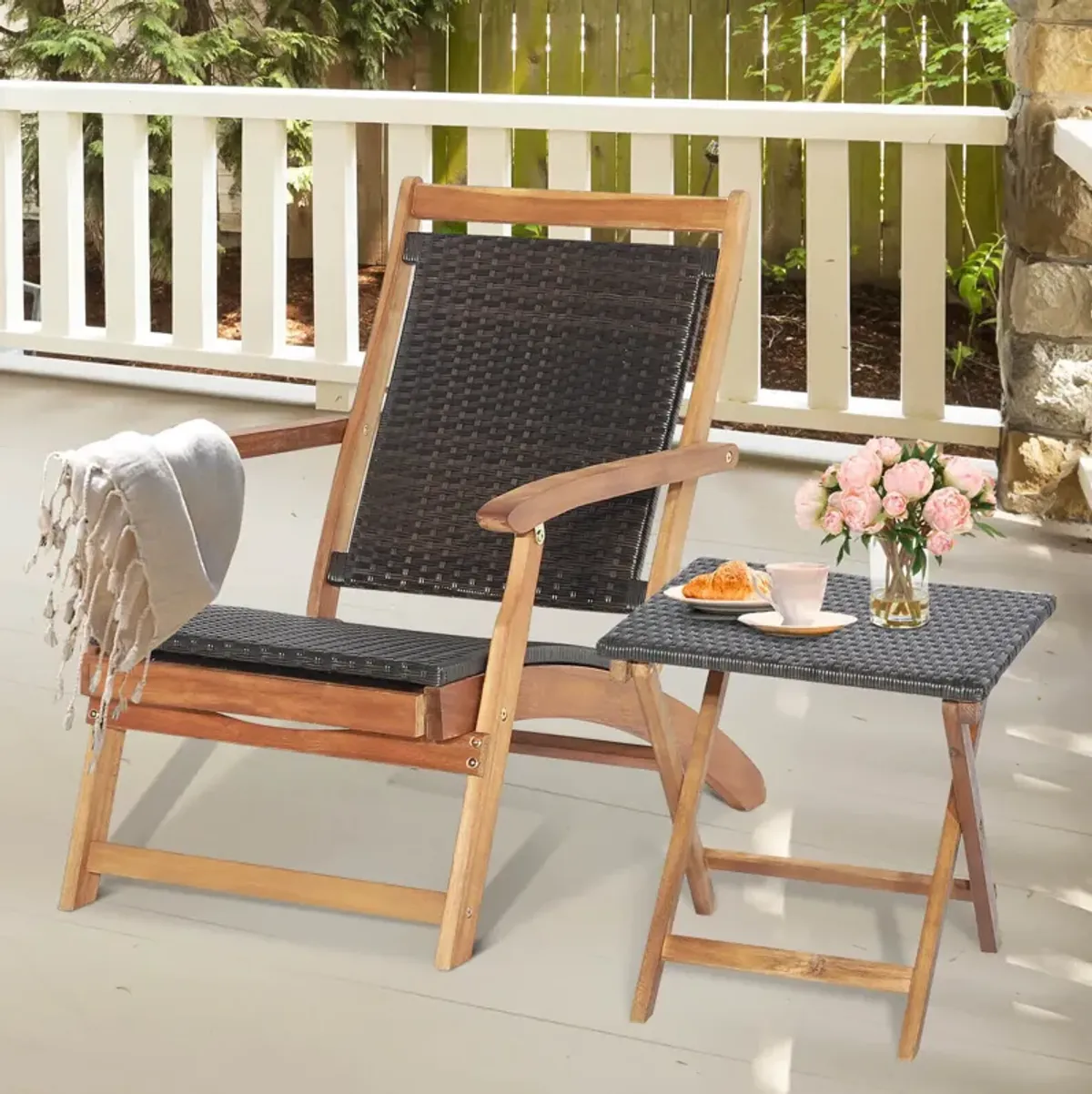 2 Pieces Patio Rattan Folding Lounge Chair with Acacia Wood Table