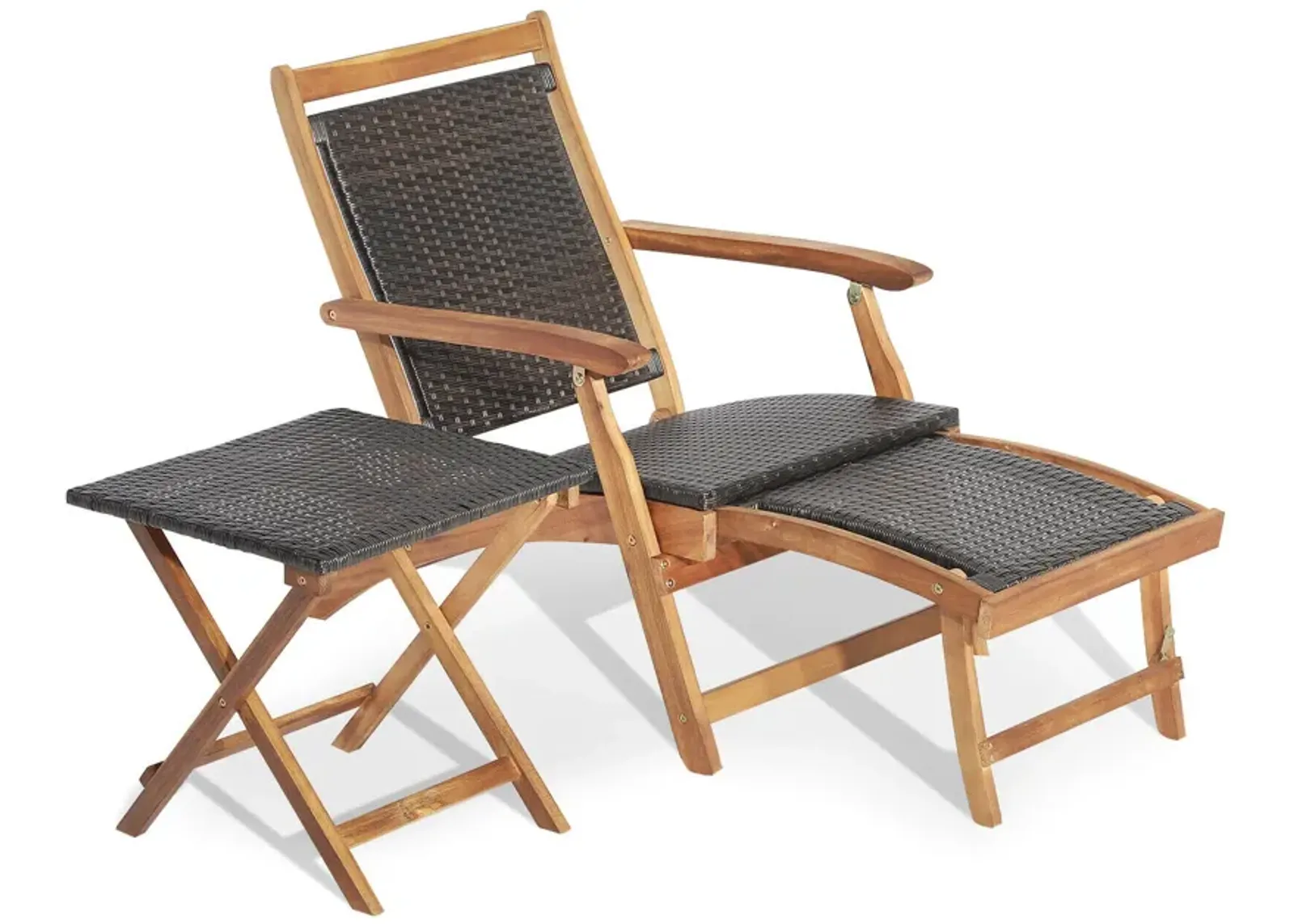 2 Pieces Patio Rattan Folding Lounge Chair with Acacia Wood Table