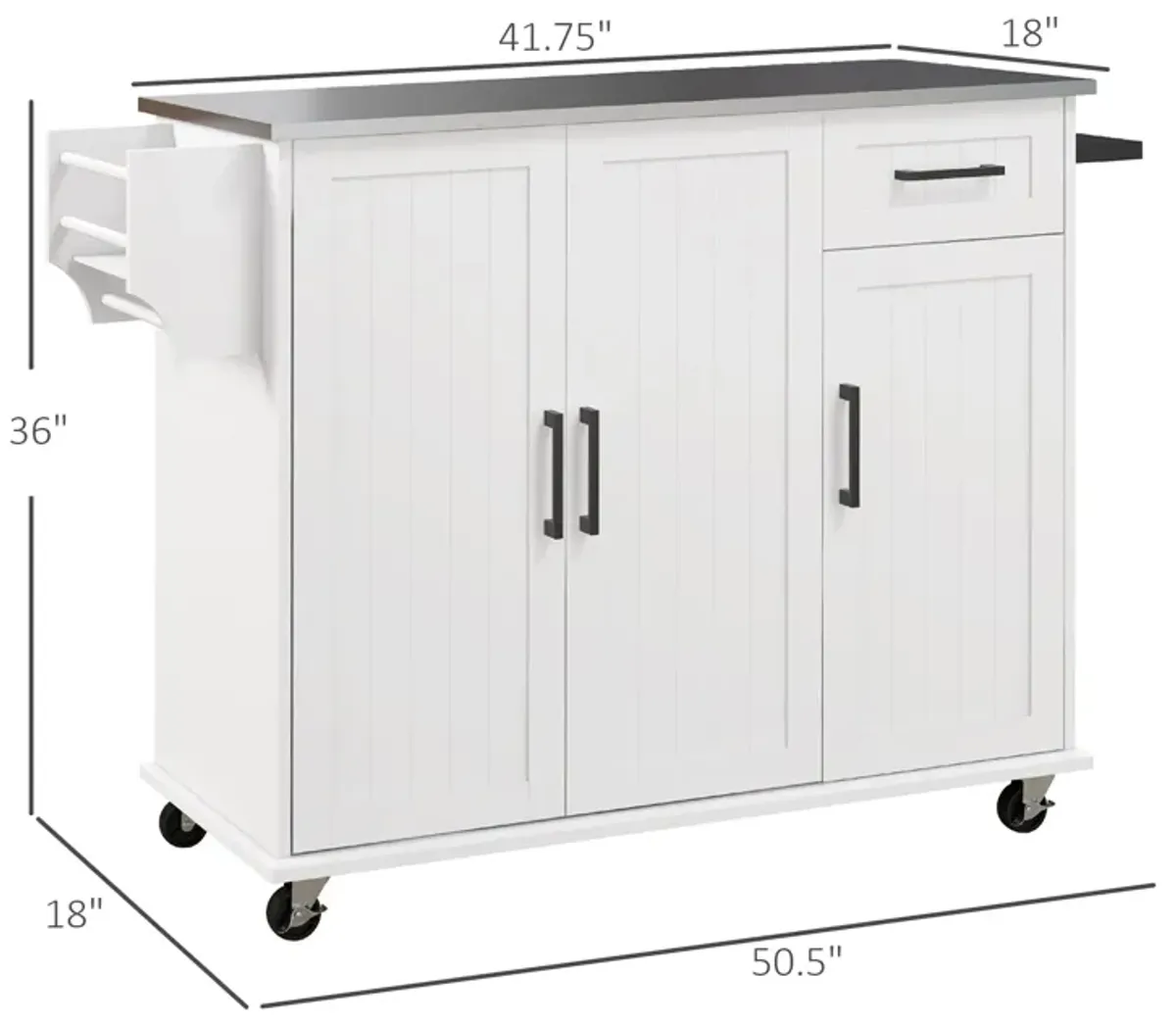 White Rolling Kitchen Island: Stainless Top, 3 Cabinets