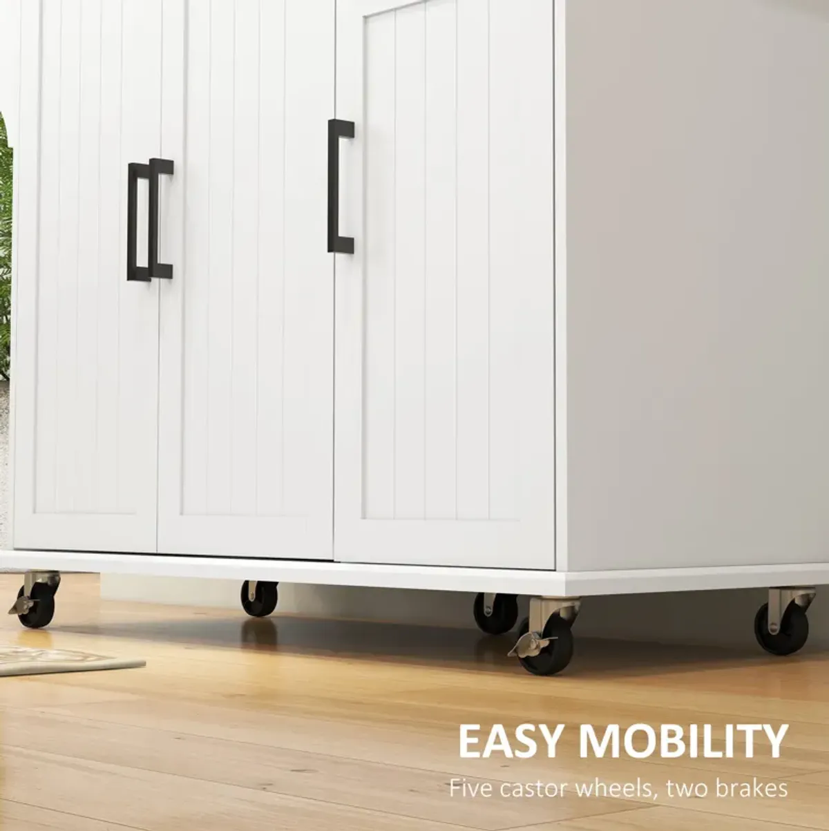 White Rolling Kitchen Island: Stainless Top, 3 Cabinets