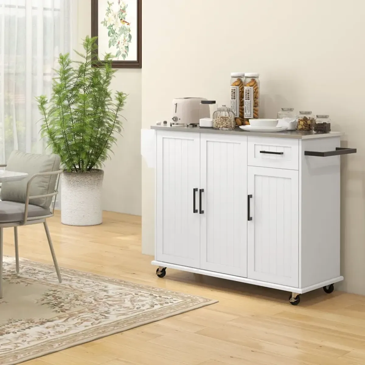 White Rolling Kitchen Island: Stainless Top, 3 Cabinets