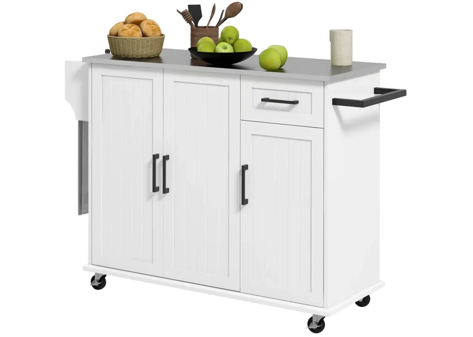 White Rolling Kitchen Island: Stainless Top, 3 Cabinets