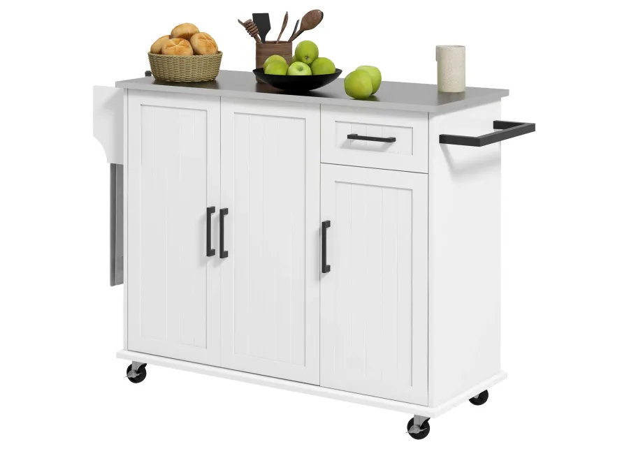 White Rolling Kitchen Island: Stainless Top, 3 Cabinets