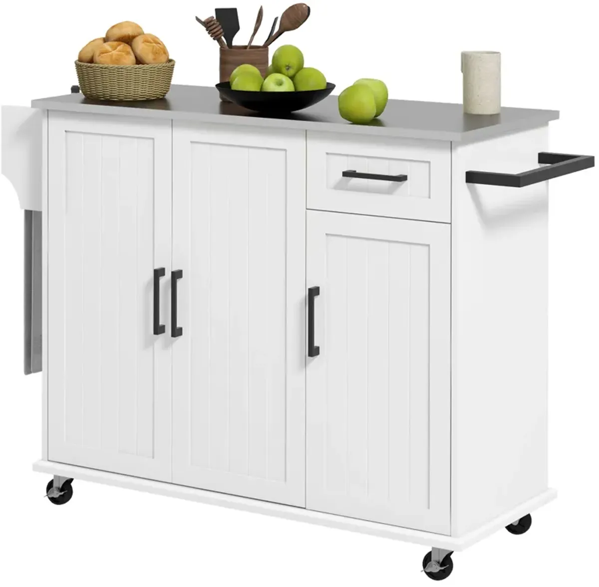 White Rolling Kitchen Island: Stainless Top, 3 Cabinets