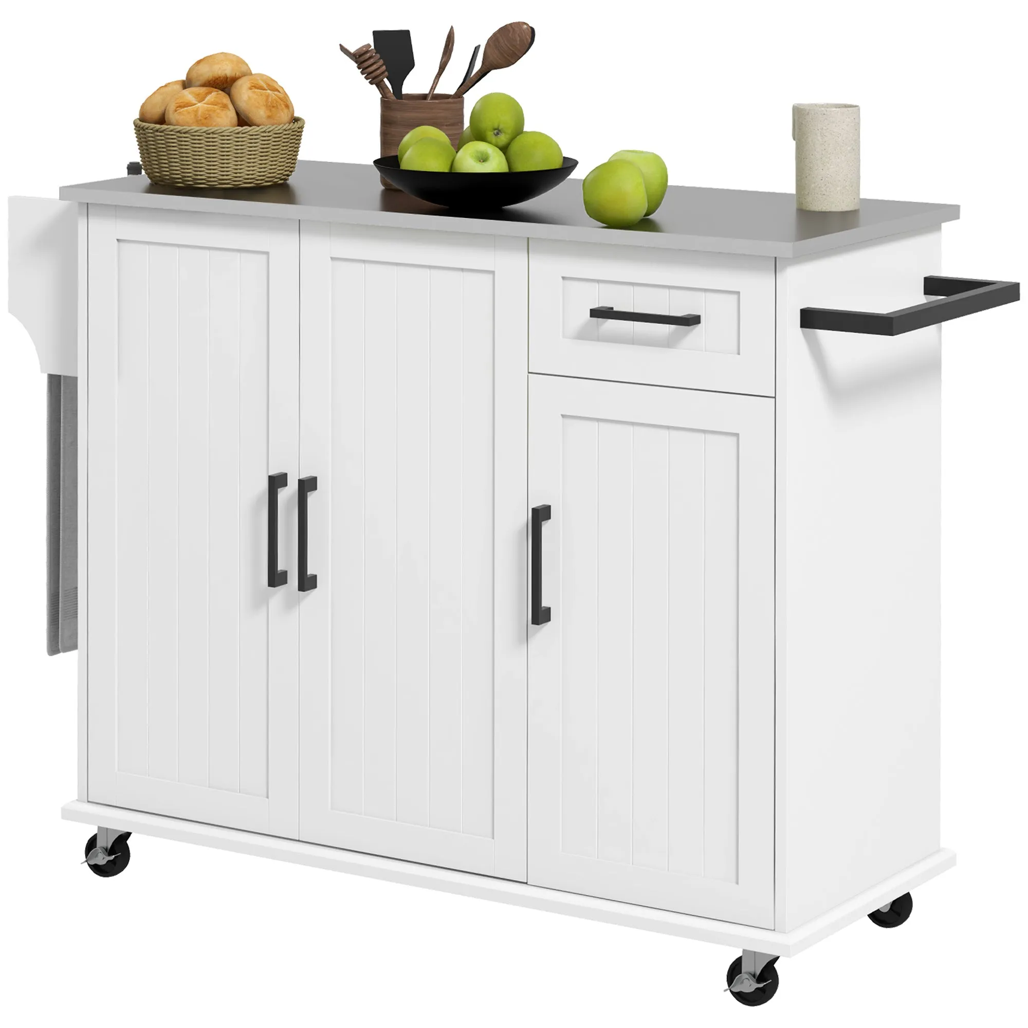 White Rolling Kitchen Island: Stainless Top, 3 Cabinets