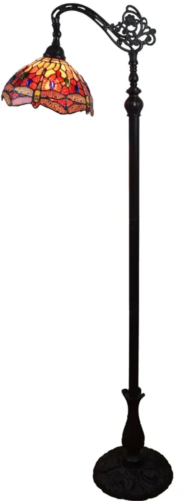 Hivvago 61" Black And Red Torchiere Floor Lamp With Red Dragonfly Glass Dome Shade